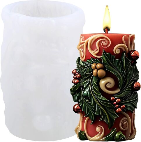 XIAOSHUI 3D Christmas Candle Mold Holly Leaf Column Candle Silicone Molds Christmas Cylinder Resin Casting Mold for Candle Making Aromatherapy Candles Gypsum Polymer Clay Craft Candle Home Decorate in Saudi Arabia