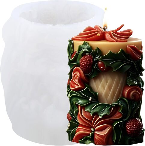 XIAOSHUI 3D Christmas Candle Mold Holly Leaf Column Candle Silicone Molds Christmas Cylinder Resin Casting Mold for Candle Making Aromatherapy Candles Gypsum Polymer Clay Craft Candle Home Decorate in Saudi Arabia