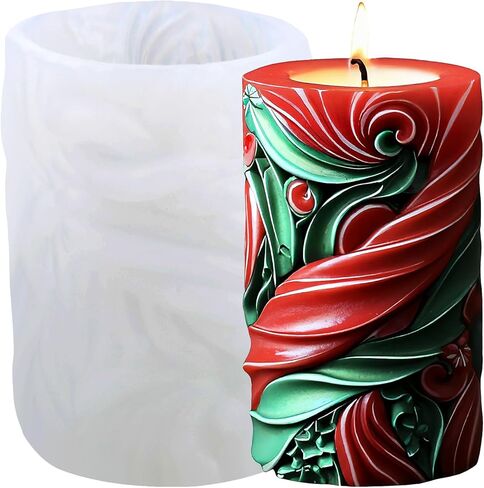 XIAOSHUI 3D Christmas Candle Mold Holly Leaf Column Candle Silicone Molds Christmas Cylinder Resin Casting Mold for Candle Making Aromatherapy Candles Gypsum Polymer Clay Craft Candle Home Decorate in Saudi Arabia