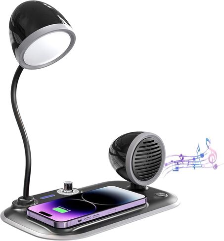 مصباح مكتب 3 في 1 مع شاحن لاسلكي 15 وات ومكبر صوت لاسلكي، مصباح LED قابل للتعديل بزاوية 360 درجة مع 3 درجات حرارة ألوان، قابل للتعتيم للمكتب المنزلي وغرفة النوم والدراسة ومحطة الحرف اليدوية (أسود) in Saudi Arabia