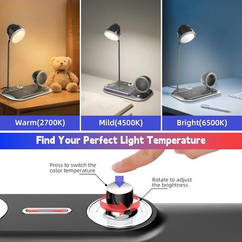 مصباح مكتب 3 في 1 مع شاحن لاسلكي 15 وات ومكبر صوت لاسلكي، مصباح LED قابل للتعديل بزاوية 360 درجة مع 3 درجات حرارة ألوان، قابل للتعتيم للمكتب المنزلي وغرفة النوم والدراسة ومحطة الحرف اليدوية (أسود) in Saudi Arabia