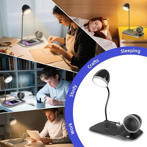 مصباح مكتب 3 في 1 مع شاحن لاسلكي 15 وات ومكبر صوت لاسلكي، مصباح LED قابل للتعديل بزاوية 360 درجة مع 3 درجات حرارة ألوان، قابل للتعتيم للمكتب المنزلي وغرفة النوم والدراسة ومحطة الحرف اليدوية (أسود) in Saudi Arabia