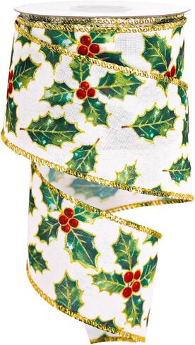 Christmas Wired Edge Ribbon 2.5 in 10 Yards Watercolor Holly Berry Craft Ribbon Xmas Fabric Wrapping Ribbons for Bow Wreath Holiday Party Home Decor in Saudi Arabia