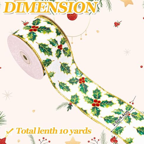 Christmas Wired Edge Ribbon 2.5 in 10 Yards Watercolor Holly Berry Craft Ribbon Xmas Fabric Wrapping Ribbons for Bow Wreath Holiday Party Home Decor in Saudi Arabia