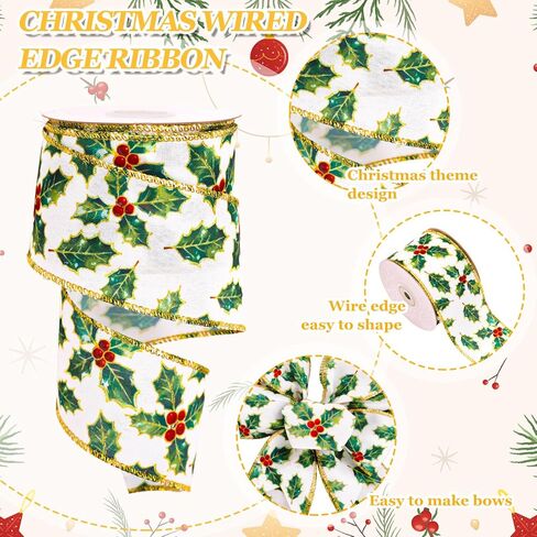 Christmas Wired Edge Ribbon 2.5 in 10 Yards Watercolor Holly Berry Craft Ribbon Xmas Fabric Wrapping Ribbons for Bow Wreath Holiday Party Home Decor in Saudi Arabia