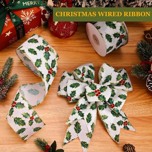 Christmas Wired Edge Ribbon 2.5 in 10 Yards Watercolor Holly Berry Craft Ribbon Xmas Fabric Wrapping Ribbons for Bow Wreath Holiday Party Home Decor in Saudi Arabia