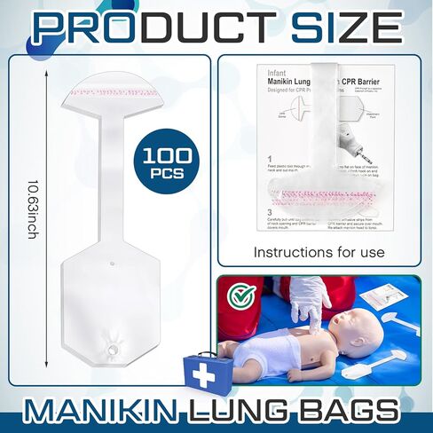 100 Pcs 100 Pcs Adult/Child CPR Manikin Infant Face Shield Lung Bag Manikin Replacement Lung Bag Face Shield Lung Bags Compatible with CPR Prompt Manikin CPR Classes Training (17.32 Inches) in Kuwait