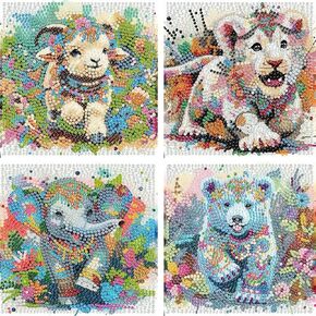 flajz 4 حزمة الماس الفن للأطفال، 5d الكرتون لطيف الحيوانات الماس اللوحة للأطفال، diy الحفر الكامل جولة فسيفساء جوهرة الفن مجموعات لديكور جدار المنزل 6x6 بوصة in Kuwait