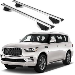 قضبان متقاطعة لحامل السقف ERKUL لسيارة إنفينيتي QX80 2018-2024 | قضبان متقاطعة من الألومنيوم مع قفل مضاد للسرقة على السطح | متوافق مع القضبان المرتفعة - فضي in Kuwait