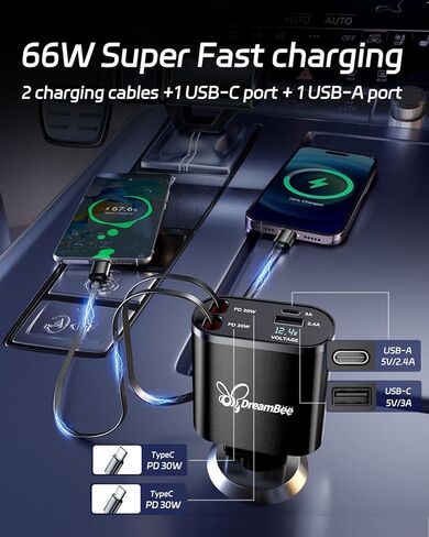 شاحن سيارة قابل للسحب، شاحن هاتف سيارة فائق السرعة 66 وات 4 في 1، كابلات قابلة للسحب (31.5 بوصة) ومحول شاحن سيارة بمنفذي USB لأجهزة iPhone 15/14/13/12 Pro Max XR، iPad، Samsung، Pixel in Kuwait