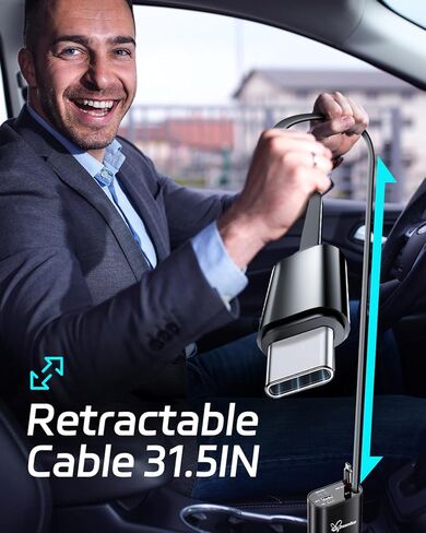 شاحن سيارة قابل للسحب، شاحن هاتف سيارة فائق السرعة 66 وات 4 في 1، كابلات قابلة للسحب (31.5 بوصة) ومحول شاحن سيارة بمنفذي USB لأجهزة iPhone 15/14/13/12 Pro Max XR، iPad، Samsung، Pixel in Kuwait