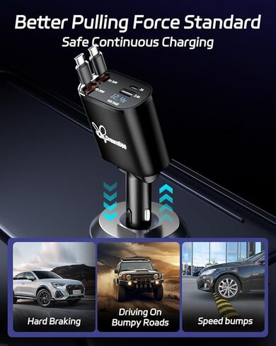 شاحن سيارة قابل للسحب، شاحن هاتف سيارة فائق السرعة 66 وات 4 في 1، كابلات قابلة للسحب (31.5 بوصة) ومحول شاحن سيارة بمنفذي USB لأجهزة iPhone 15/14/13/12 Pro Max XR، iPad، Samsung، Pixel in Kuwait