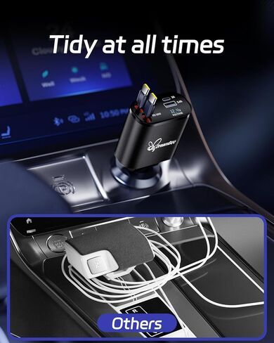 شاحن سيارة قابل للسحب، شاحن هاتف سيارة فائق السرعة 66 وات 4 في 1، كابلات قابلة للسحب (31.5 بوصة) ومحول شاحن سيارة بمنفذي USB لأجهزة iPhone 15/14/13/12 Pro Max XR، iPad، Samsung، Pixel in Kuwait