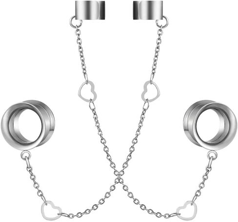 LADEMAYH 2PCS Ear Plugs Tunnels Gauges Earrings for Women, Size 2g - 1 inch Stainless Steel Ear Gauges Cuff Chains with Non-Piercing Adjustable Cartilage Clip On Wrap Dangle Tassel Body Jewelry in Saudi Arabia