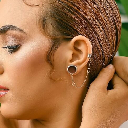 LADEMAYH 2PCS Ear Plugs Tunnels Gauges Earrings for Women, Size 2g - 1 inch Stainless Steel Ear Gauges Cuff Chains with Non-Piercing Adjustable Cartilage Clip On Wrap Dangle Tassel Body Jewelry in Saudi Arabia