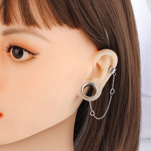 LADEMAYH 2PCS Ear Plugs Tunnels Gauges Earrings for Women, Size 2g - 1 inch Stainless Steel Ear Gauges Cuff Chains with Non-Piercing Adjustable Cartilage Clip On Wrap Dangle Tassel Body Jewelry in Saudi Arabia