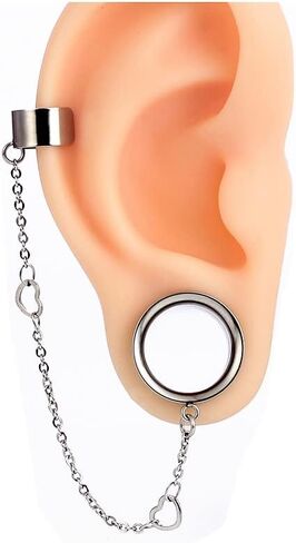 LADEMAYH 2PCS Ear Plugs Tunnels Gauges Earrings for Women, Size 2g - 1 inch Stainless Steel Ear Gauges Cuff Chains with Non-Piercing Adjustable Cartilage Clip On Wrap Dangle Tassel Body Jewelry in Saudi Arabia