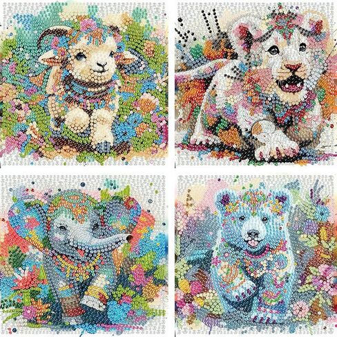 flajz 4 حزمة الماس الفن للأطفال، 5d الكرتون لطيف الحيوانات الماس اللوحة للأطفال، diy الحفر الكامل جولة فسيفساء جوهرة الفن مجموعات لديكور جدار المنزل 6x6 بوصة in Kuwait