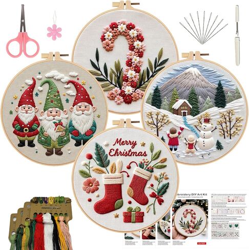 Ytuaebni 4 Sets Christmas Embroidery Kit for Adults, Christmas Cross Stitch Kits for Beginners with Pattern, Needles, Threads, Tools (Snowman + Little Dwarf + Stocking + Wreath) in Saudi Arabia