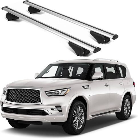 قضبان متقاطعة لحامل السقف ERKUL لسيارة إنفينيتي QX80 2018-2024 | قضبان متقاطعة من الألومنيوم مع قفل مضاد للسرقة على السطح | متوافق مع القضبان المرتفعة - فضي in Kuwait