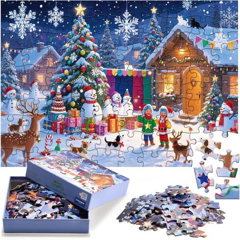 Christmas Jigsaw Puzzle, 100 Pieces Paper Puzzle for Kids 4 5 6 7 8 Years Old, Large Pieces Christmas Birthday Gift for Kids and Seniors in Kuwait