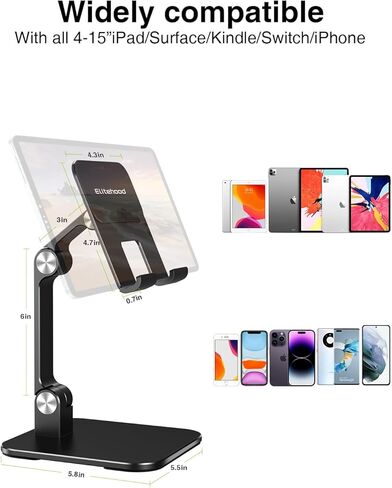 elitehood Aluminum iPad Stand for Desk, Ultra-Stable iPad Holder Stand | Height Adjustable Tablet Stand Holder for Home Office, iPad Pro Stand Compatible with iPad Pro 13 12.9, Air Mini, Black in Kuwait