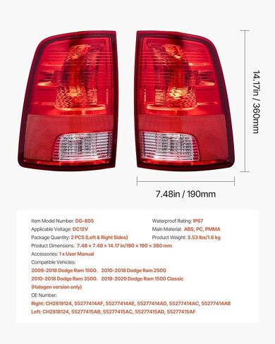 مجموعة مصابيح الذيل VEVOR متوافقة مع 2009-2018 دودج رام 1500 2500 3500، 2019-2020 دودج رام 1500 كلاسيك، إصدار الهالوجين مصابيح الفرامل الخلفية للجانب الأيسر والأيمن مع مصابيح هالوجين، قطعتان in Saudi Arabia
