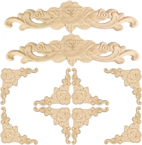 10Pack Wood Appliques and Onlays Decorative Wooden Applique Carved Onlay, 11.8inch 3.1inch DIY Rose Carving Decal Trim for Furniture Cabinet Bed Door Wardrobe Closet DIY Decoration in Saudi Arabia