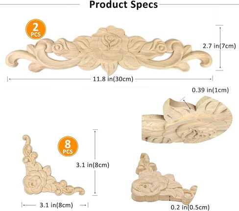 10Pack Wood Appliques and Onlays Decorative Wooden Applique Carved Onlay, 11.8inch 3.1inch DIY Rose Carving Decal Trim for Furniture Cabinet Bed Door Wardrobe Closet DIY Decoration in Saudi Arabia
