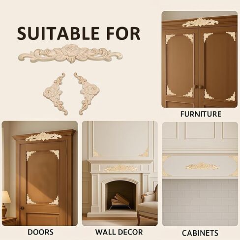 10Pack Wood Appliques and Onlays Decorative Wooden Applique Carved Onlay, 11.8inch 3.1inch DIY Rose Carving Decal Trim for Furniture Cabinet Bed Door Wardrobe Closet DIY Decoration in Saudi Arabia