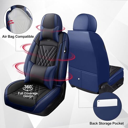 أغطية مقاعد السيارة لسيارة Hyundai Kona 2018-2026، مجموعة مكونة من قطعتين من واقيات المقاعد المصنوعة من جلد نابا غير قابلة للانزلاق، مجموعة أغطية مقاعد قابلة للتنفس. (ديلوكس بمقعدين، أسود أزرق) in Kuwait