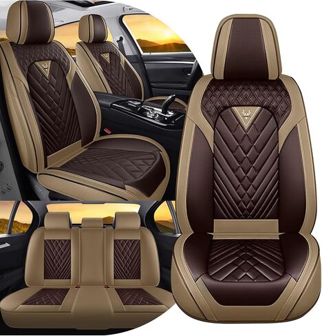 أغطية مقاعد السيارة مناسبة لسيارة Chevy Avalanche 2005-2013، أغطية مقاعد مخصصة بتغطية كاملة، جلد فاخر مقاوم للماء وسهل التركيب (بني وكاري/5 مقاعد قياسية) in Kuwait