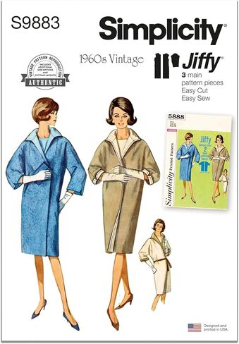 Simplicity Misses' Vintage 1960's Reversible Kimono Sleeve Coat Sewing Pattern Packet, Design Code S9883, Sizes 8-10-12-14-16 in Kuwait