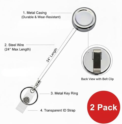 Heavy Duty Retractable Badge Reel for Nursing Students - Stainless Steel Wire Cord ID Holder with Chrome Metal Clip, Durable Office & Hospital Badge Reel, 2 Pack Professional Keychain in Saudi Arabia