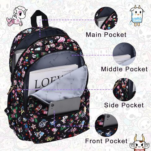 حقيبة ظهر من القماش Tokidoki للنساء، مناسبة للأعمال القوية مقاس 15.6 بوصة حقيبة كتب للكمبيوتر المحمول وحقيبة كمبيوتر محمول للاستخدام اليومي وحقائب الموضة اليومية (أسود) in Kuwait