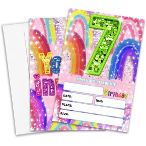 Birthday Invitation, 5 Years Old Birthday Rainbow Sequin Design Invites With Envelopes, Glitter Print Write-On Invite Card For Party Decorations (20 Pack)-A01 in Saudi Arabia