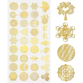 Frienda 35 Pcs Gold Flower of Life Metal Stickers Sacred Geometry Pyramid Orgone Energy Stickers Life Flower Sticker Decoration for Art DIY Crafts in Kuwait