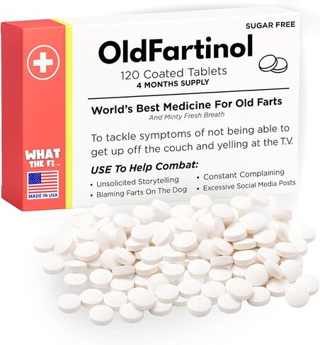 Old Fart Novelty Joke Prank Medicine Box, Hilarious Prescription (120 Sugar Free Mints) Gag Gift for Men, Funny Senior Birthdays 40th 50th 60th 70th, Office Secret Santa, Made in USA in Saudi Arabia