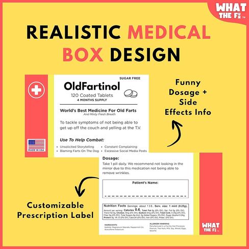 Old Fart Novelty Joke Prank Medicine Box, Hilarious Prescription (120 Sugar Free Mints) Gag Gift for Men, Funny Senior Birthdays 40th 50th 60th 70th, Office Secret Santa, Made in USA in Saudi Arabia