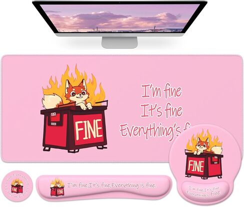 HAOCOO Mouse Pad with Wrist Rest, Dumpster Fire Funny Office Desk Accessories, XXL Desk Mat Set Office Decor, Keyboard Wrist Rest, Ergonomic Mouse Pad(Black) in Kuwait