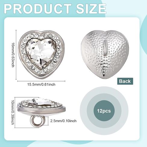 PH PandaHall Heart Rhinestone Buttons 12pcs Glass Crystal Rhinestone Buttons Silver Sewing Shank Button for Wedding Party Home Decoration DIY Clothing Sewing Crafting Jewelry Making, 16x15.5mm in Saudi Arabia