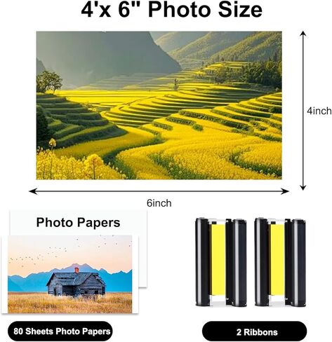 متوافق مع طابعة الصور Liene Amber M100/M200/M110/M210 4x6 بوصة 80 ورقة ورق صور و2 خراطيش حبر قابلة لإعادة التعبئة، فقط لطابعة DHP512/DHP513/DHP514/DHP515، مقاومة للماء/مضادة للأكسدة/لا تبهت in Kuwait