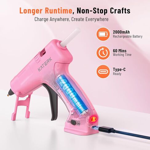مجموعة مسدس الغراء الساخن اللاسلكي 3.7 فولت من Katerk، تسخين سريع لمدة 90 ثانية، مسدس غراء صغير مع 15 عصا غراء، USB-C قابل لإعادة الشحن مع بطارية مدمجة 2000 مللي أمبير في الساعة، مثالي للأعمال اليدوية، وصناعة الهدايا، والحرف المدرسية والإصلاحات (وردي) in Kuwait