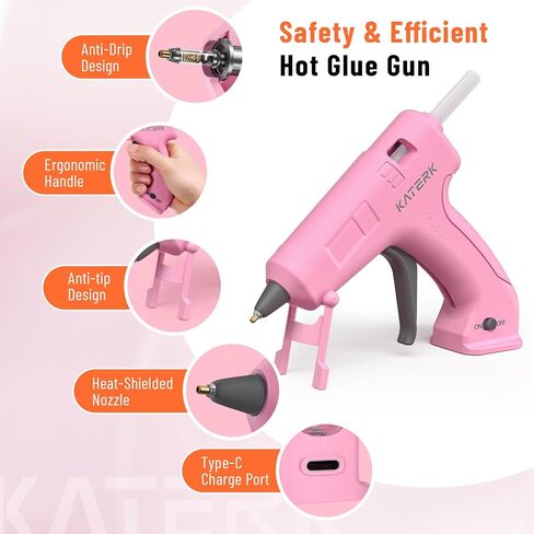 مجموعة مسدس الغراء الساخن اللاسلكي 3.7 فولت من Katerk، تسخين سريع لمدة 90 ثانية، مسدس غراء صغير مع 15 عصا غراء، USB-C قابل لإعادة الشحن مع بطارية مدمجة 2000 مللي أمبير في الساعة، مثالي للأعمال اليدوية، وصناعة الهدايا، والحرف المدرسية والإصلاحات (وردي) in Kuwait