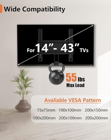 TV Wall Mount Bracket Low Profile Fixed for 14-43 Inch LED, LCD and Plasma TVs Flat Screen, Universal TV Monitor Mount Fits 8" Wood Studs VESA 200x200mm by Nuyoah in Saudi Arabia