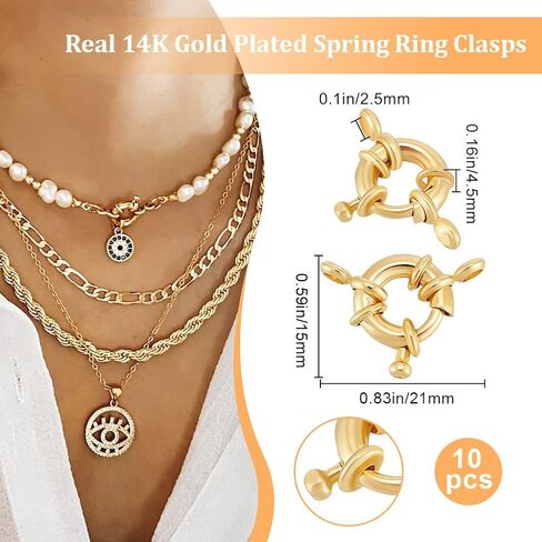 Beebeecraft 1 صندوق 10 قطع قلادة موصل المشبك الحقيقي 14K الذهب مطلي الربيع المشابك مع حلقة إغلاق مستديرة قلادة رابط موصل سحر الزناد المشبك النتائج لصنع المجوهرات القلائد الحرف in Kuwait