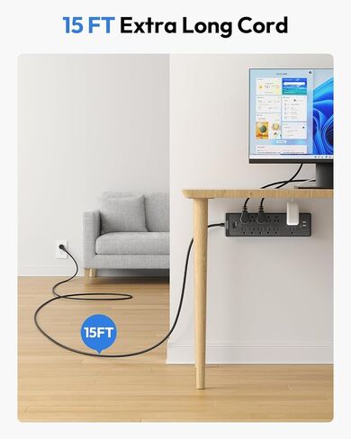 Extension Cord 25 Ft, NTONPOWER Long Surge Protector Power Strip with 12 Outlet 3 USB, 2100 Joules, 1875W/15A, Overload Protection, Flat Plug, Wall Mount for Home Office, Workbench, Garage, White in Kuwait
