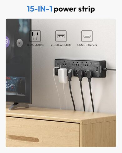 Extension Cord 25 Ft, NTONPOWER Long Surge Protector Power Strip with 12 Outlet 3 USB, 2100 Joules, 1875W/15A, Overload Protection, Flat Plug, Wall Mount for Home Office, Workbench, Garage, White in Kuwait