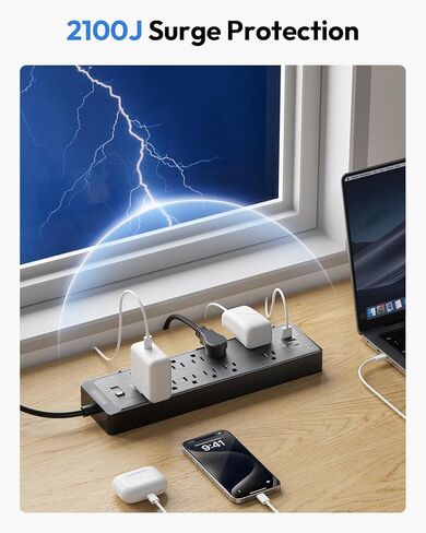 Extension Cord 25 Ft, NTONPOWER Long Surge Protector Power Strip with 12 Outlet 3 USB, 2100 Joules, 1875W/15A, Overload Protection, Flat Plug, Wall Mount for Home Office, Workbench, Garage, White in Kuwait