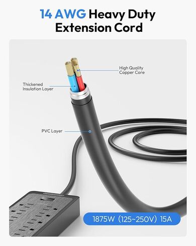 Extension Cord 25 Ft, NTONPOWER Long Surge Protector Power Strip with 12 Outlet 3 USB, 2100 Joules, 1875W/15A, Overload Protection, Flat Plug, Wall Mount for Home Office, Workbench, Garage, White in Kuwait